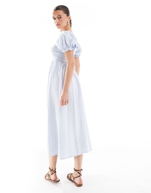 Vestido midi azul fruncido con lazada delantera de New Look, 3 de 4