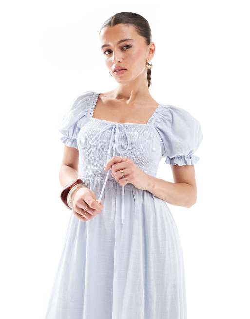 Vestido midi azul fruncido con lazada delantera de New Look, 4 de 4