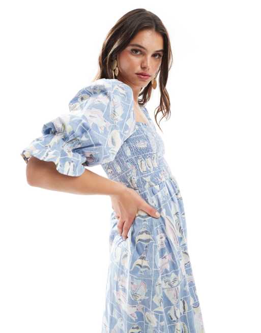 Vestido midi azul lavado amplio con estampado de peces vintage de Object