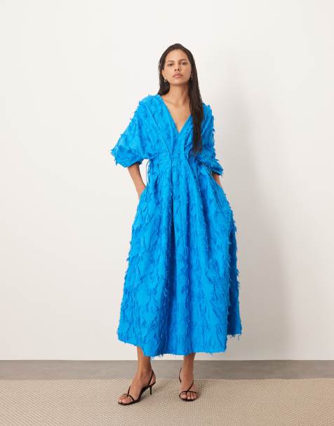 Vestido midi azul luminoso con cintura plisada con lazada de tejido texturizado de ARRANGE - view 1