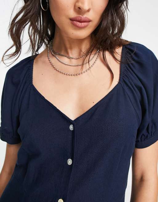 Vestido midi azul marino con cuello de pico y manga corta abullonada de Vero Moda, 3 de 4
