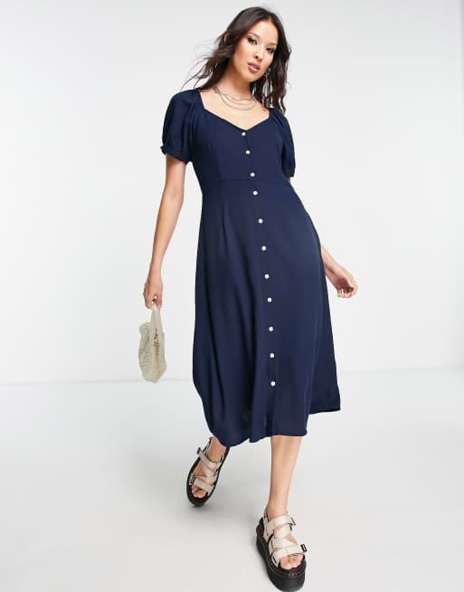 Vestido midi azul marino con cuello de pico y manga corta abullonada de Vero Moda, 4 de 4