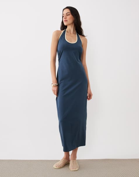 Vestido midi azul marino con cuello halter y ribete amarillo crema en contraste de ASOS DESIGN - view 1