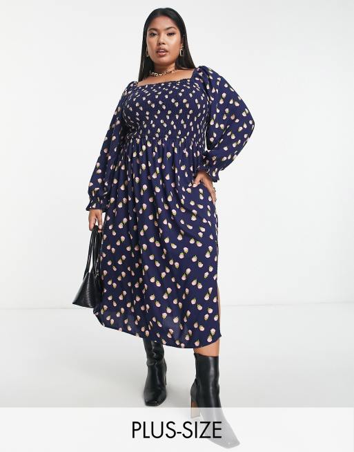 Vestido midi azul marino fruncido con estampado floral, abertura en el lateral y escote cuadrado de Simply Be
