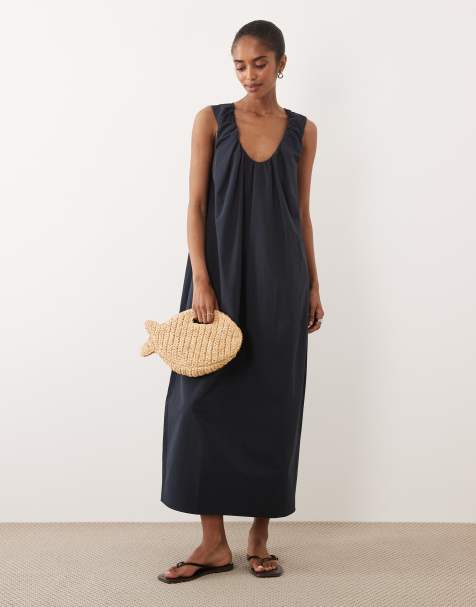 Vestido midi azul marino fruncido de corte barrel con escote pronunciado de ASOS DESIGN - view 1