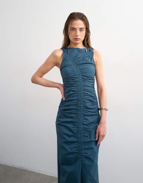 Vestido midi azul marino fruncido sin mangas de Topshop - view 1