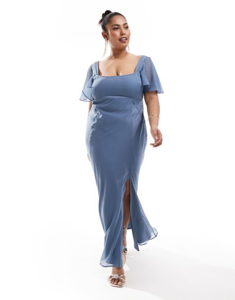 Vestido midi azul negruzco con mangas fluidas e inserto de encaje de ASOS DESIGN Curve - view 1