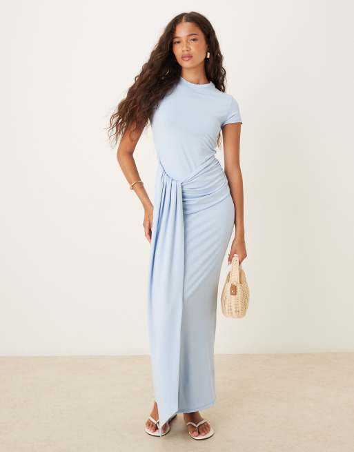 Vestido midi azul pastel estilo camiseta con detalle anudado en la cintura de ASOS DESIGN