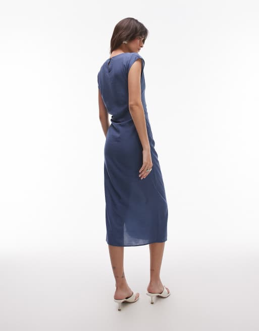 Vestido midi azul petróleo con mangas de casquillo y lateral