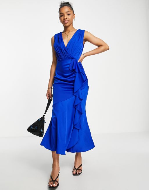 Vestido midi azul real escotado de satén de Little Mistress, 3 de 4