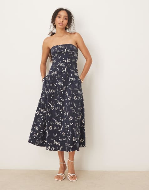 Vestido midi azul sin tirantes de corte acampanado con estampado floral de Abercrombie & Fitch - view 1