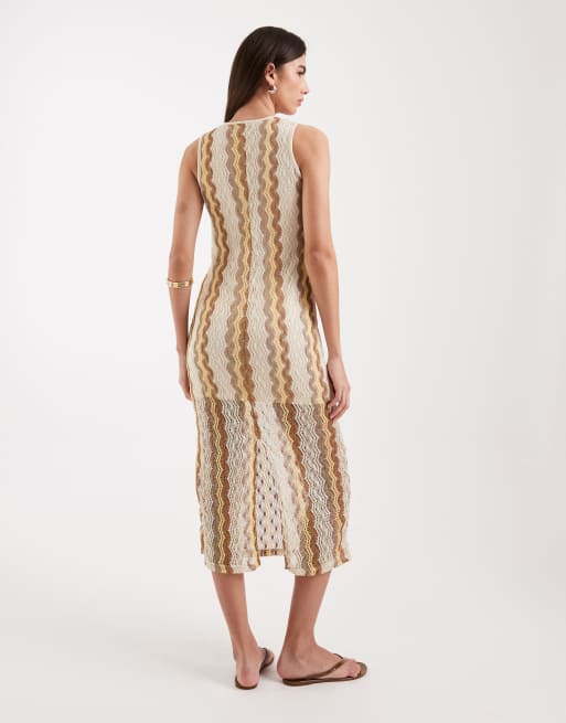 Vestido midi beis a rayas transparente sin mangas de croché con forro de Vero Moda, 3 de 4