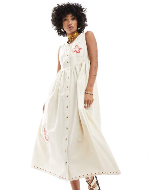 Vestido midi beis abotonado con bordados de lino de Native Youth, 3 de 4