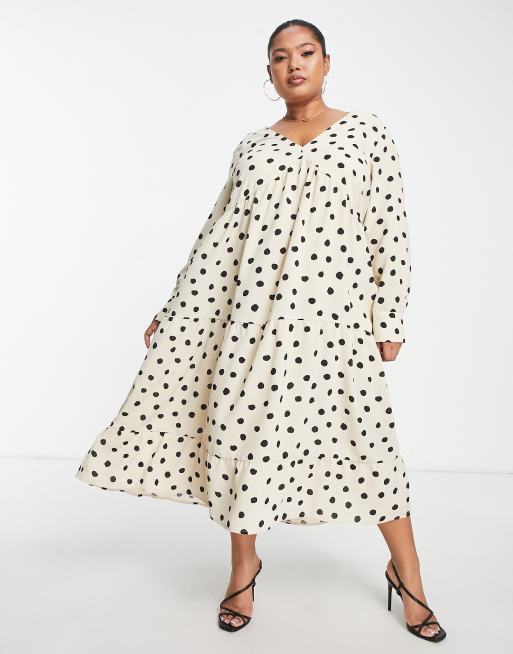 Vestido midi beis con estampado de lunares y mangas globo de