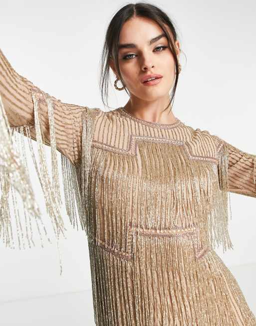 Vestido midi beis de manga larga con diseño integral adornado de ASOS DESIGN, 3 de 4