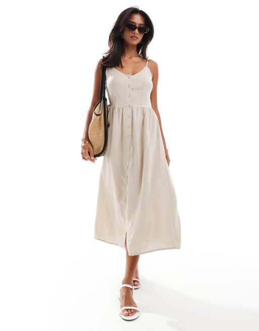 Vestido midi beis de tirantes abotonado de tejido efecto lino de Vila Petite
