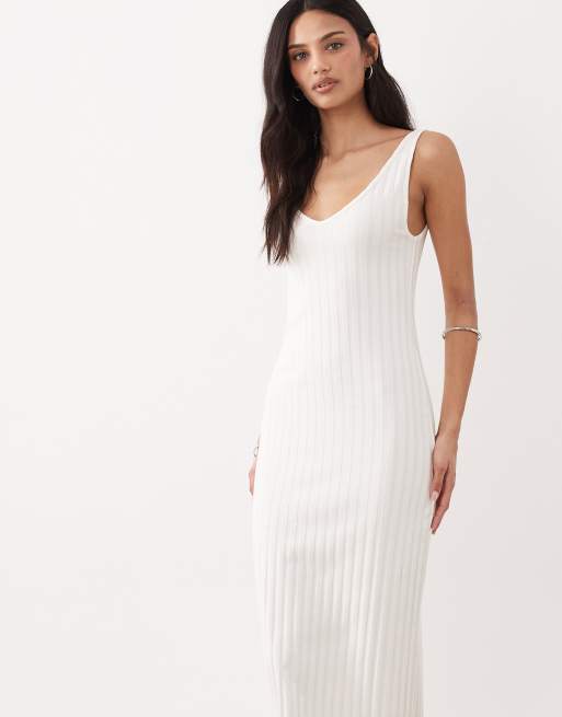 Vestido midi beis de tirantes con cuello de pico de canalé ancho de ASOS DESIGN, 2 de 4