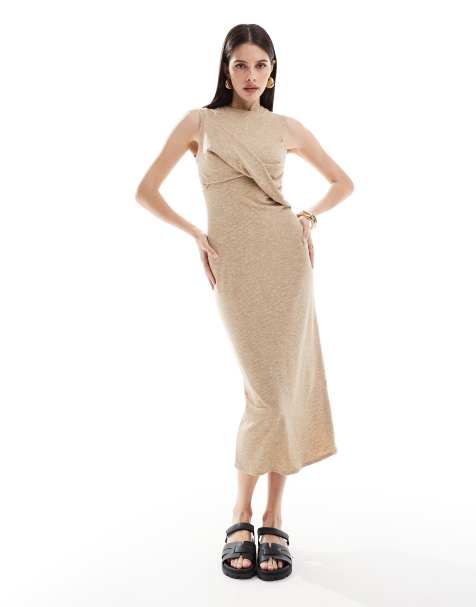 Vestido midi beis sin mangas con detalle retorcido en el pecho de ASOS DESIGN - view 1