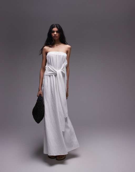 Vestido midi blanco a rayas con escote palabra de honor y lazada en la cintura de Topshop