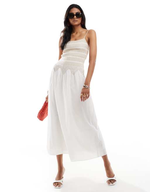 Vestido midi blanco con cintura baja y patrón fruncido de hilo en contraste de & Other Stories