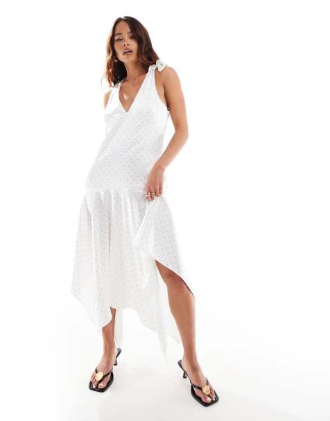 Vestido midi blanco con cuello de pico, estampado de lunares verdes y detalle de lazo de satén de ASOS DESIGN - view 1