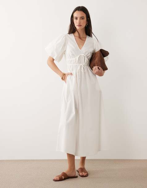Vestido midi blanco con cuello de pico y mangas abullonadas de New Look - view 1