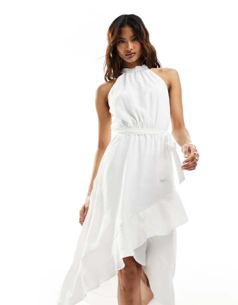 Vestido midi blanco con cuello halter, bajo de volantes y lazada en la cintura de AX Paris - view 1