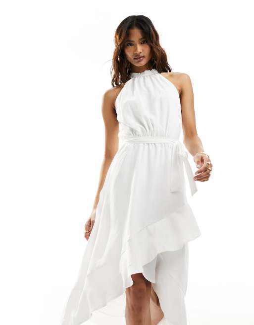 Vestido midi blanco con cuello halter, bajo de volantes y lazada en la cintura de AX Paris