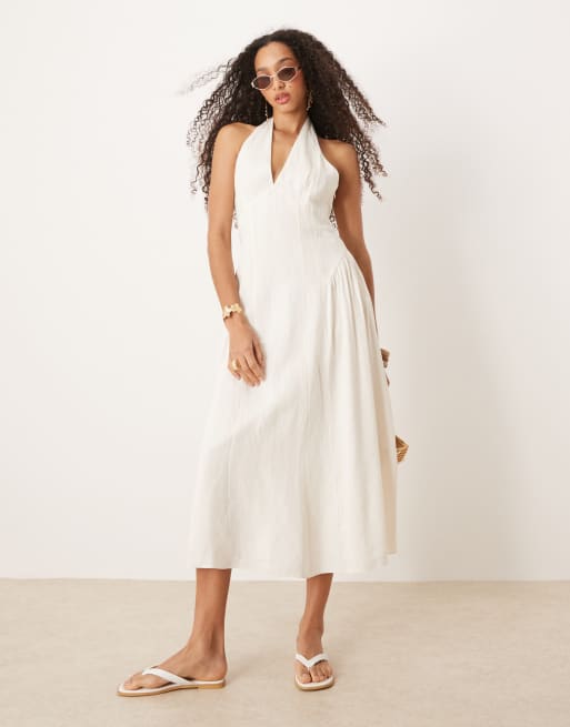 Vestido midi blanco con cuello halter de mezcla de lino de Mango