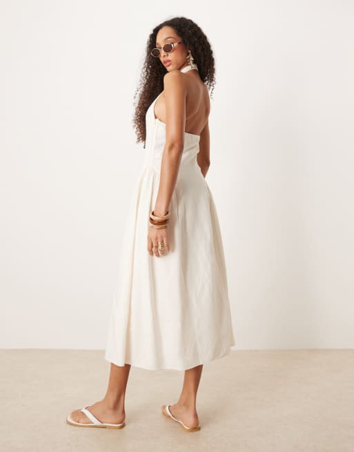 Vestido midi blanco con cuello halter de mezcla de lino de Mango