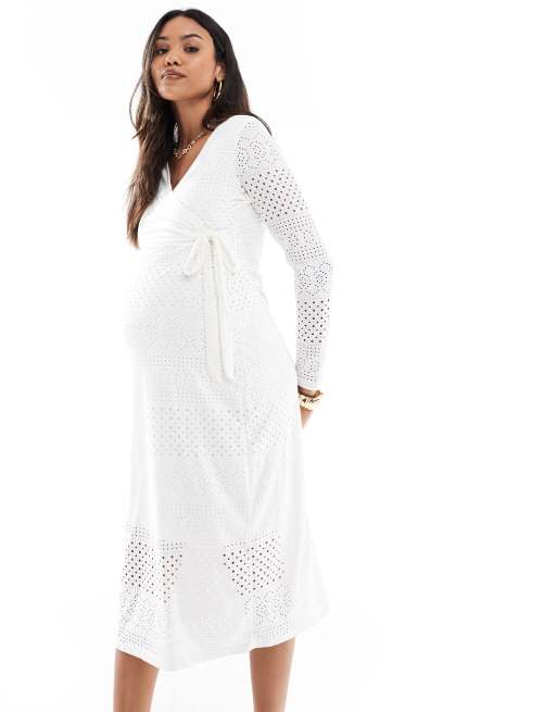 Vestido midi blanco con detalle cruzado en el cuerpo de punto liso de Mamalicious Maternity