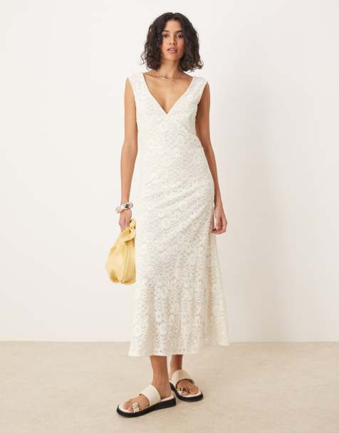 Vestido midi blanco con escote de pico y bajo de volantes de encaje de ASOS DESIGN - view 1