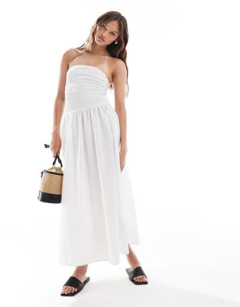 Vestido midi blanco con escote palabra de honor y pecho fruncido de Brave Soul - view 1