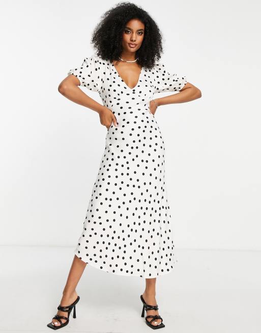 Vestido midi blanco estampado lunares, de pico y mangas abullonadas de Mango ASOS