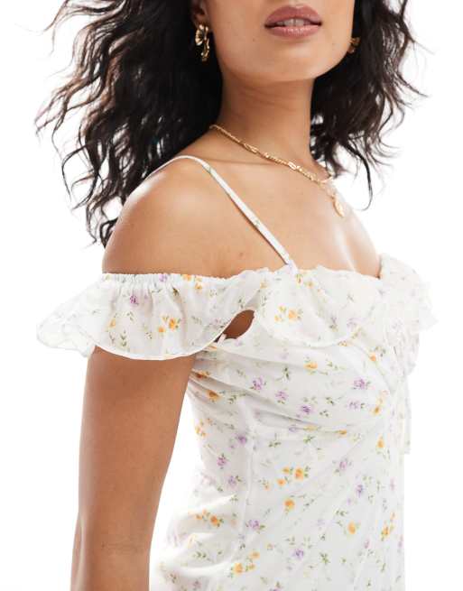 Vestido midi blanco con estampado floral y volantes de malla de New Look, 3 de 4