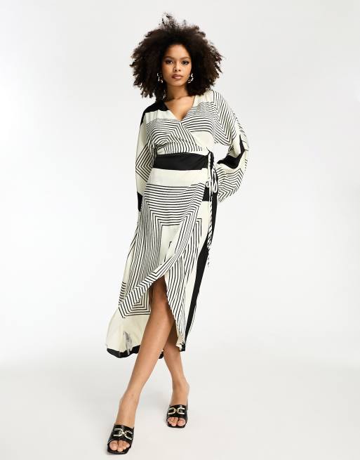 Vestido midi blanco cruzado con estampado lineal de Mango ASOS