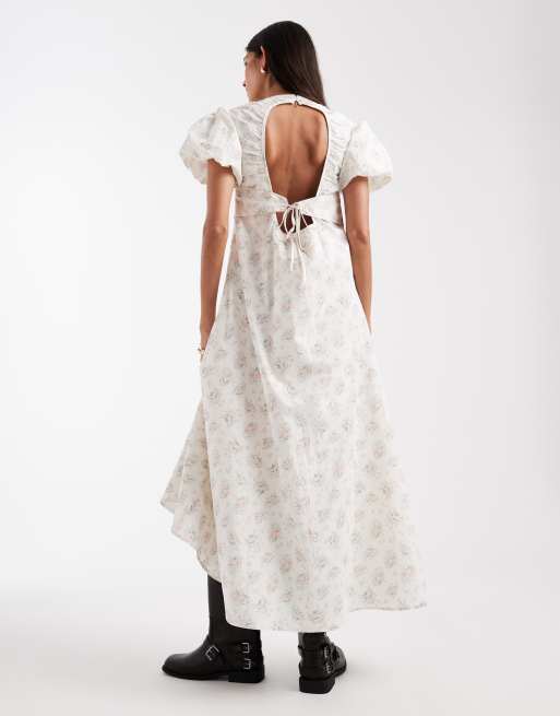 Vestido midi blanco de corte amplio cómodo con estampado de florecitas y mangas abullonadas de Daisy Street, 2 de 4