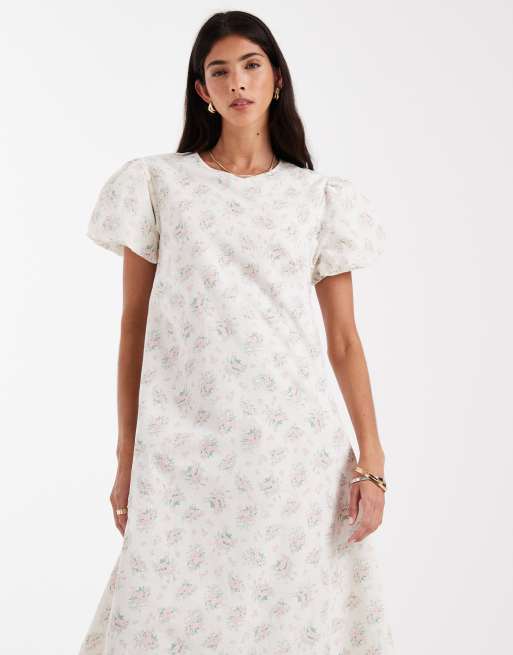 Vestido midi blanco de corte amplio cómodo con estampado de florecitas y mangas abullonadas de Daisy Street, 3 de 4