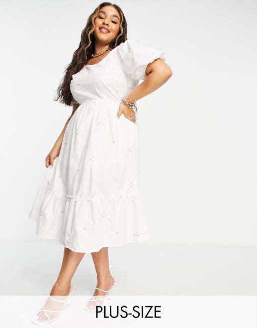 Vestido midi blanco de corte amplio con diseño bordado de algodón de Vero Moda Curve