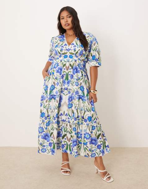 Vestido midi blanco de corte amplio con estampado azul, mangas abullonadas y cuello de pico de Hope & Ivy Plus - view 1