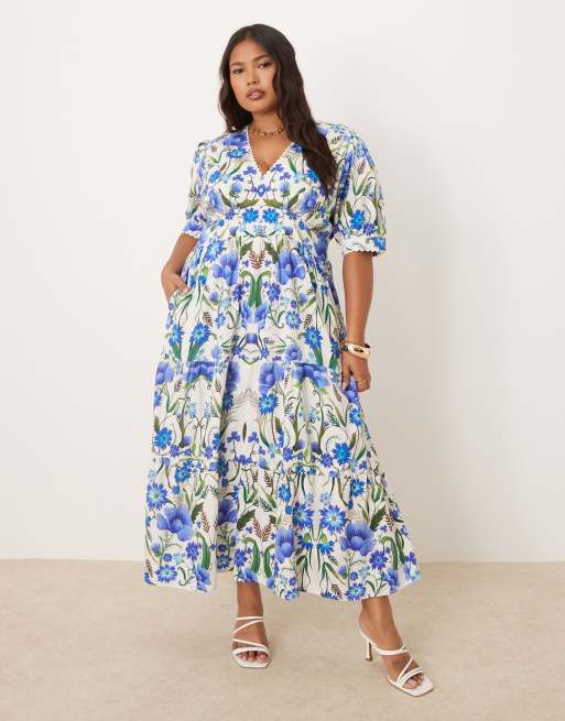 Vestido midi blanco de corte amplio con estampado azul, mangas abullonadas y cuello de pico de Hope & Ivy Plus