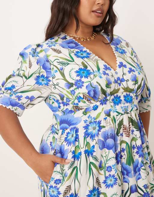 Vestido midi blanco de corte amplio con estampado azul, mangas abullonadas y cuello de pico de Hope & Ivy Plus, 3 de 4