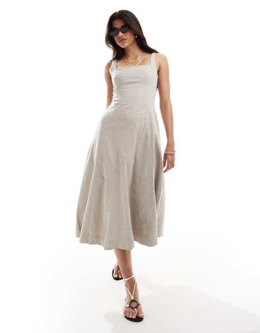 Vestido midi blanco de corte recto de mezcla de lino de Abercrombie & Fitch