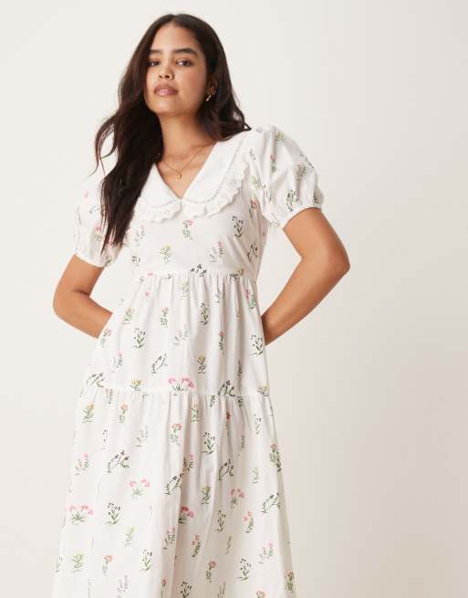 Vestido midi blanco de estilo campestre con solapas de Neon Rose, 2 de 4