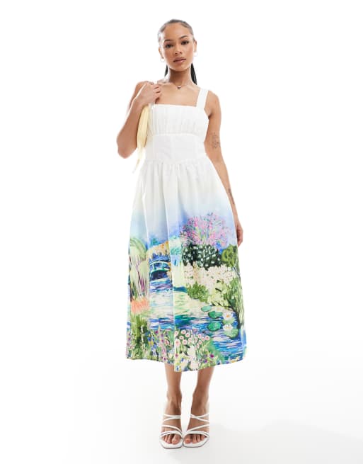Vestido midi blanco de tirantes y corte acampanado con diseño estilo corsé y estampado de paisaje de Hope & Ivy Petite