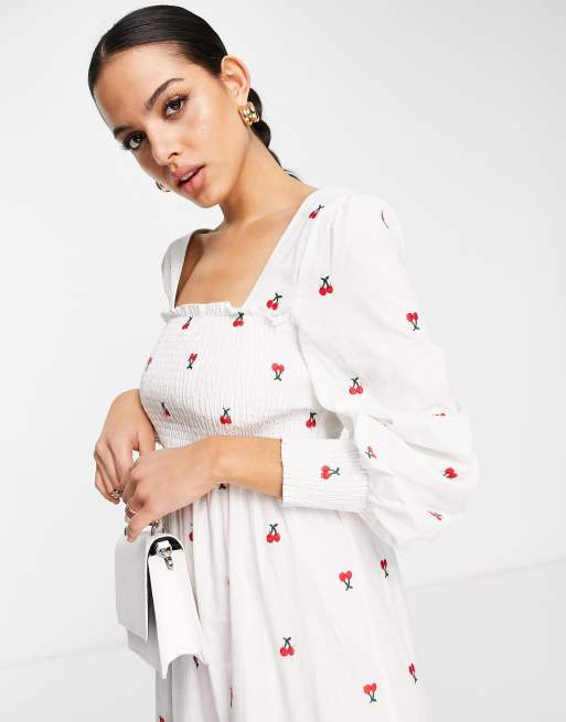 White dress with cherry shops print