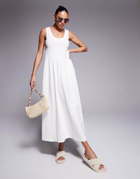 Vestido midi blanco hueso amplio con cuello ancho y fruncido de ASOS DESIGN - view 1