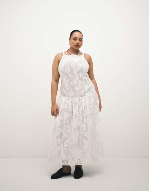 Vestido midi blanco marfil con cuello barco y diseño integral de encaje de ASOS DESIGN Curve - view 1