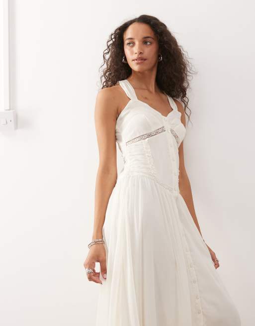 Vestido midi blanco marfil de tirantes con botones e insertos de encaje de Reclaimed Vintage, 2 de 4