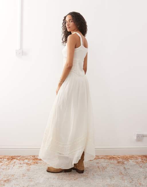 Vestido midi blanco marfil de tirantes con botones e insertos de encaje de Reclaimed Vintage, 4 de 4